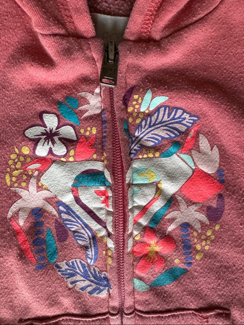 Roxy Girls Coral Pink Hooded Zip Sweatshirt with Floral Heart Graphics - Picture 4 of 6